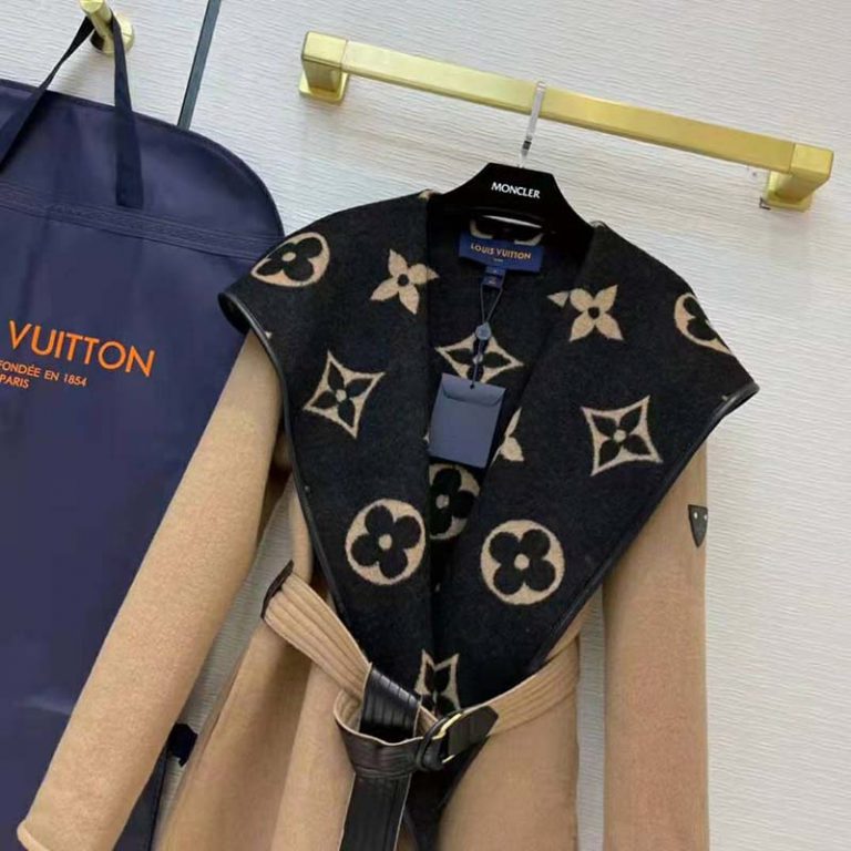 Louis Vuitton Women Giant Monogram Jacquard Wrap Coat in Camel Wool ...
