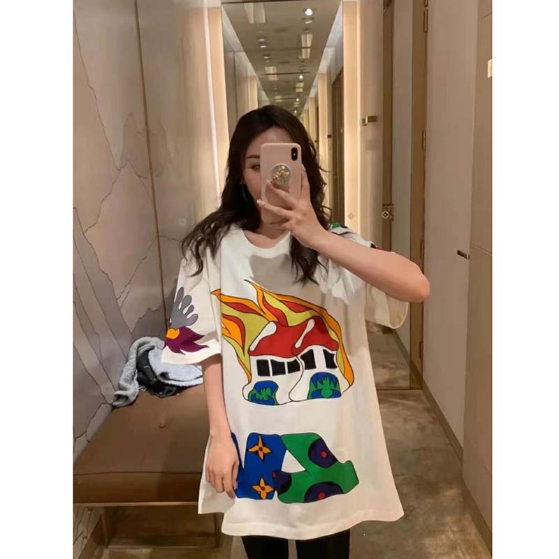 Louis Vuitton Women Placed Graphic Shirt LV Cartoons Cotton Regular  Fit-White - LULUX