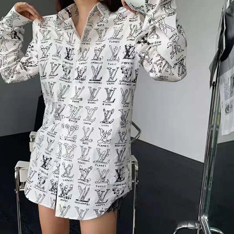 Louis Vuitton Women Placed Graphic Shirt LV Cartoons Cotton Regular Fit ...