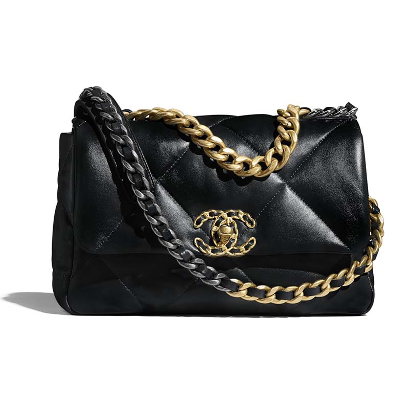 Chanel 19 handbag, Shiny lambskin, gold-tone, silver-tone &  ruthenium-finish metal, black — Fashion | CHANEL