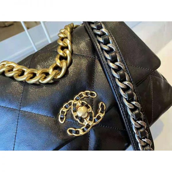 Chanel Women 19 Flap Bag Lambskin Gold Silver-Tone Ruthenium-Finish Metal Black (4)