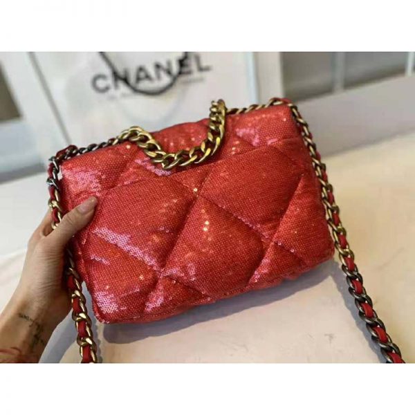 Chanel Women 19 Flap Bag Sequins Calfksin Silver-Tone Gold-Tone Metal Coral (10)