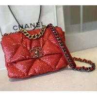 Chanel Women 19 Flap Bag Sequins Calfksin Silver-Tone Gold-Tone Metal Coral