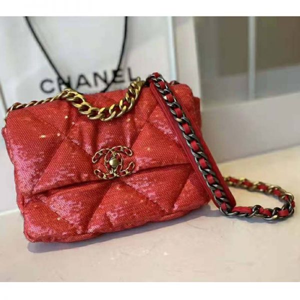 Chanel Women 19 Flap Bag Sequins Calfksin Silver-Tone Gold-Tone Metal Coral (7)