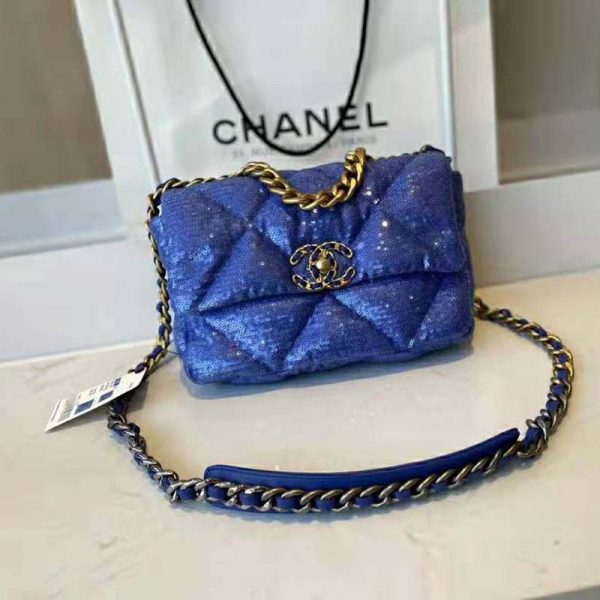 Chanel Women 19 Flap Bag Sequins Calfksin Silver-Tone Gold-Tone Metal Sky Blue (2)