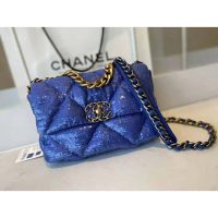 Chanel Women 19 Flap Bag Sequins Calfksin Silver-Tone Gold-Tone Metal Sky Blue