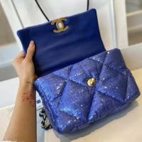 Chanel Women 19 Flap Bag Sequins Calfksin Silver-Tone Gold-Tone Metal Sky Blue