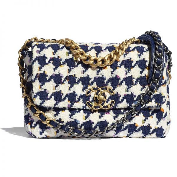 Chanel Women 19 Flap Bag Tweed Gold Silver-Tone Ruthenium-Finish Metal Ecru Navy Blue Multicolor