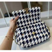 Chanel Women 19 Flap Bag Tweed Gold Silver-Tone Ruthenium-Finish Metal Ecru Navy Blue Multicolor