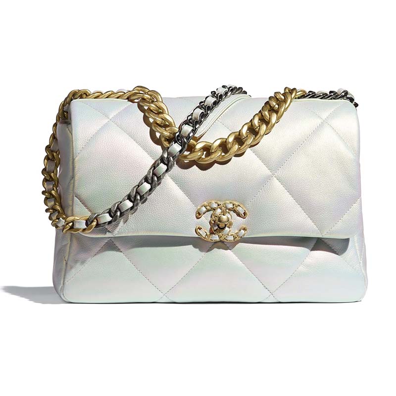 Chanel Women 19 Large Flap Bag Iridescent Calfskin Gold Silver-Tone &  Ruthenium-Finish Metal White - LULUX