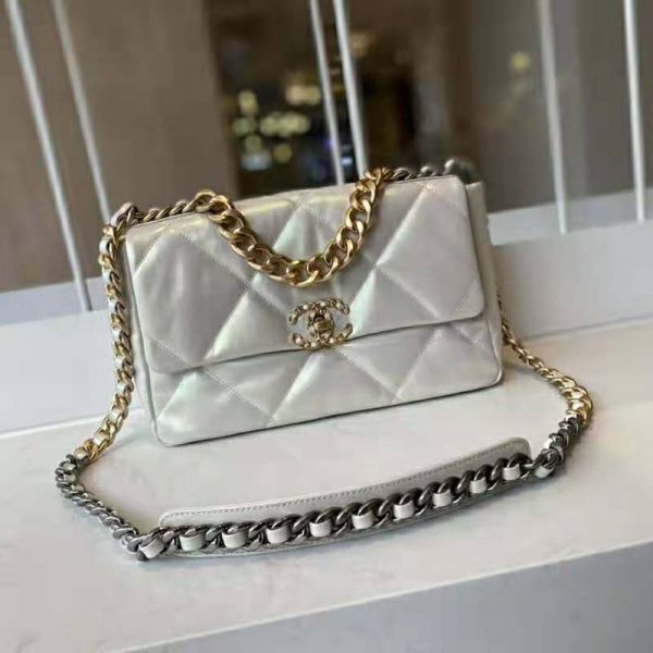 Chanel Women 19 Large Flap Bag Iridescent Calfskin Gold Silver-Tone & Ruthenium-Finish Metal White (2)