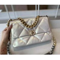 Chanel Women 19 Large Flap Bag Iridescent Calfskin Gold Silver-Tone & Ruthenium-Finish Metal White