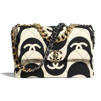 Chanel Women 19 Large Flap Bag Printed Fabric Gold Silver-Tone & Ruthenium-Finish Metal Black & Ecru