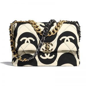 Chanel Women 19 Large Flap Bag Printed Fabric Gold Silver-Tone & Ruthenium-Finish Metal Black & Ecru