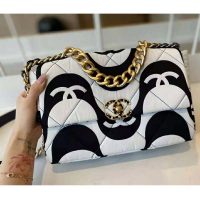 Chanel Women 19 Large Flap Bag Printed Fabric Gold Silver-Tone & Ruthenium-Finish Metal Black & Ecru