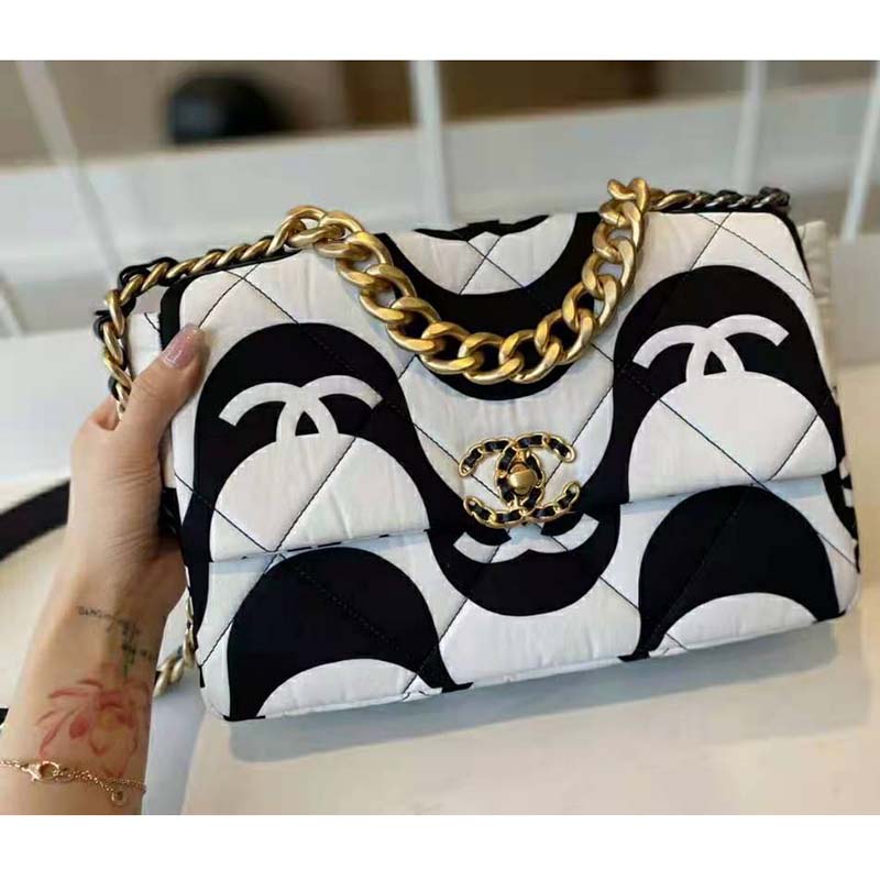Chanel Women 19 Large Flap Bag Printed Fabric Gold Silver-Tone