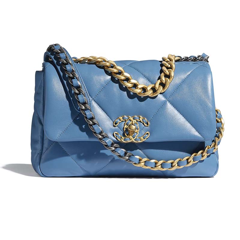 Chanel Women Chanel 19 Flap Bag Lambskin Gold Silver-Tone Ruthenium-Finish  Metal Blue - LULUX
