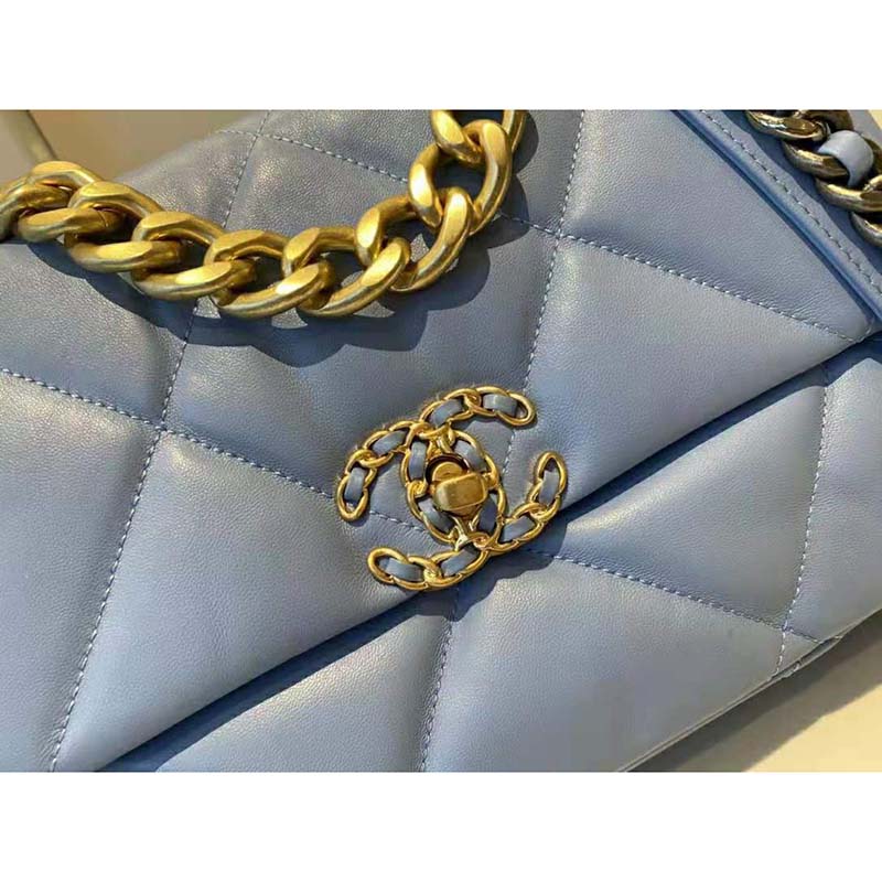 Chanel Women Chanel 19 Flap Bag Lambskin Gold Silver-Tone Ruthenium-Finish  Metal Blue - LULUX