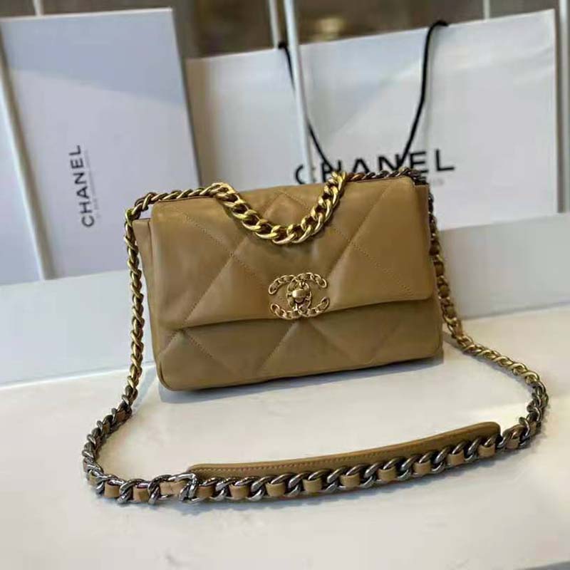 Chanel Women Chanel 19 Flap Bag Lambskin Gold Silver-Tone Ruthenium-Finish  Metal Brown - LULUX