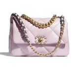 Bolso con solapa Chanel 19 para mujer, piel de cordero, dorado, plateado, acabado rutenio, metal rosa claro.