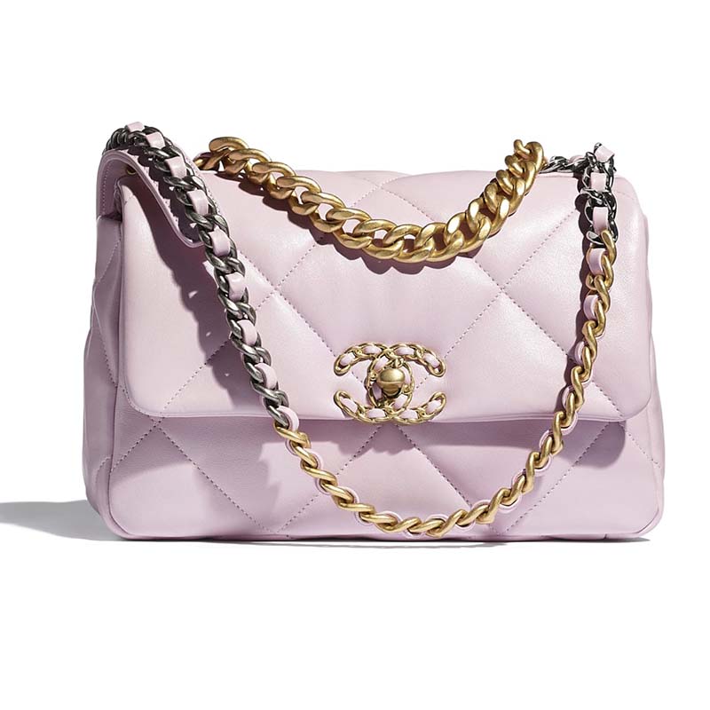 Chanel 19 large handbag, Shiny lambskin, gold-tone, silver-tone &  ruthenium-finish metal, white — Fashion