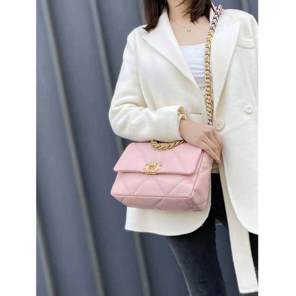 Chanel Women Chanel 19 Flap Bag Lambskin Gold Silver-Tone Ruthenium-Finish Metal Light Pink (11)