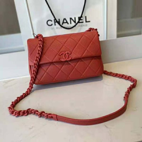 Chanel Women Flap Bag Grained Calfskin Lacquered Metal Coral (3)