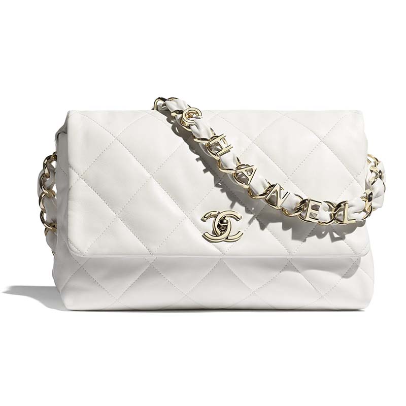 Chanel Women Large Flap Bag Lambskin & Gold-Tone Metal White - LULUX