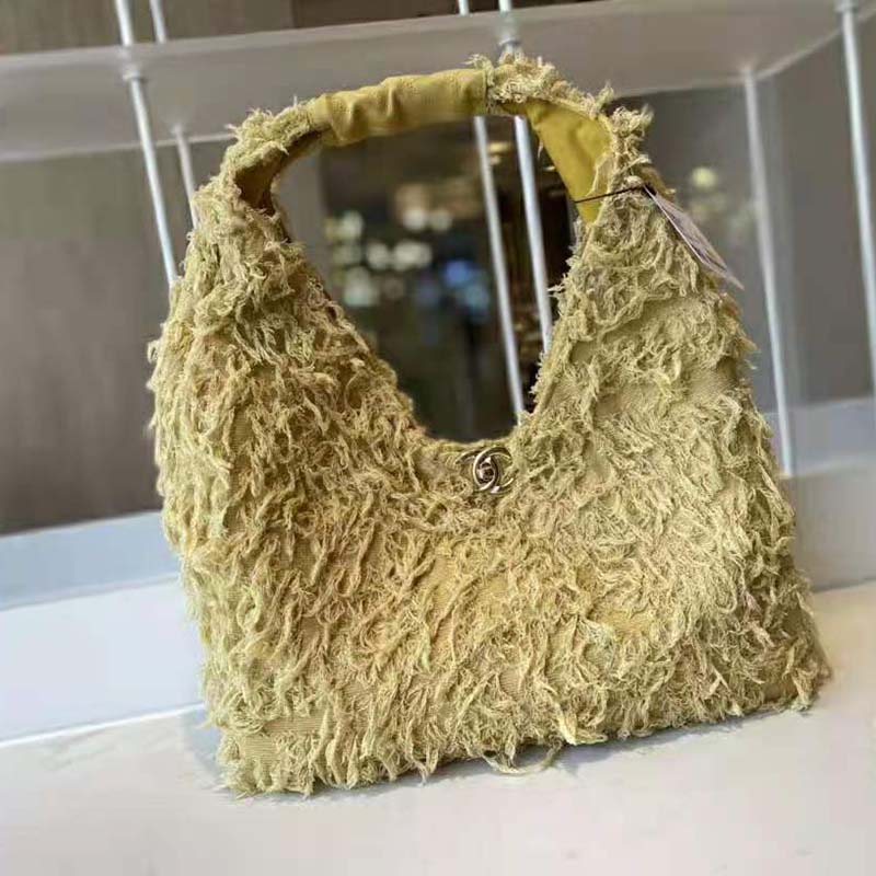 Chanel Women Large Hobo Bag Tweed Calfskin Gold-Tone Metal Yellow - LULUX