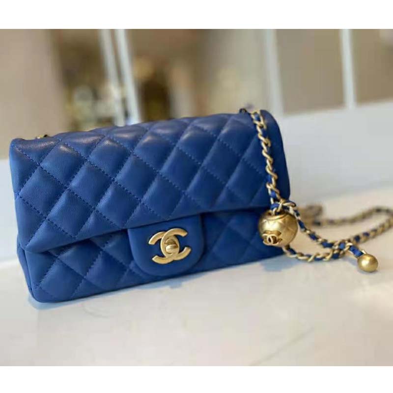 Chanel Women Mini Flap Bag Lambskin & Gold-Tone Metal Blue - LULUX