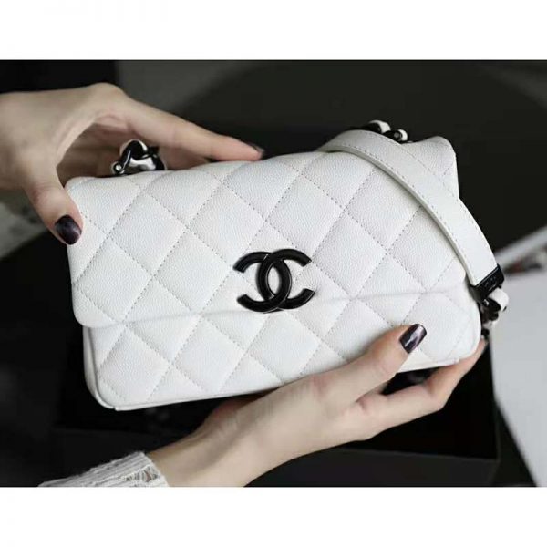 Chanel Women Small Flap Bag Grained Calfskin Lacquered Metal White Black (12)