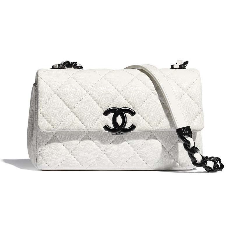Chanel Women Small Flap Bag Grained Calfskin Lacquered Metal White