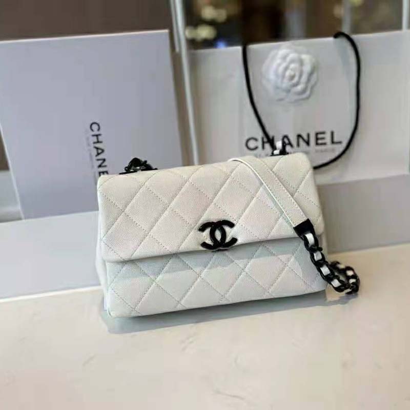 Chanel Women Small Flap Bag Grained Calfskin Lacquered Metal White Black LULUX