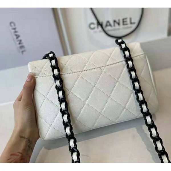 Chanel Women Small Flap Bag Grained Calfskin Lacquered Metal White Black (6)