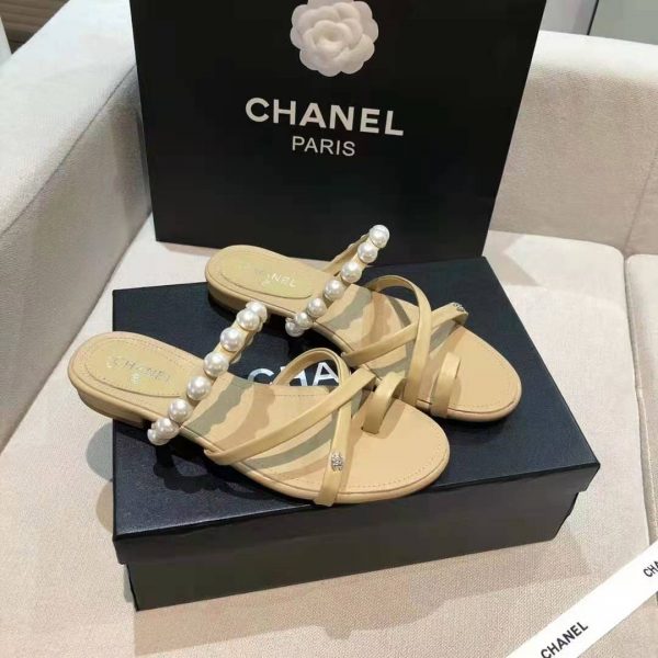Chanel Women Mules Kid Suede & Pearls Beige 1.5 cm Heel (6)