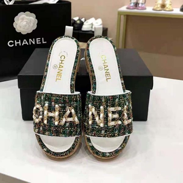 Chanel Women Mules Tweed Green Pink & Yellow 2.5 cm Heel (3)