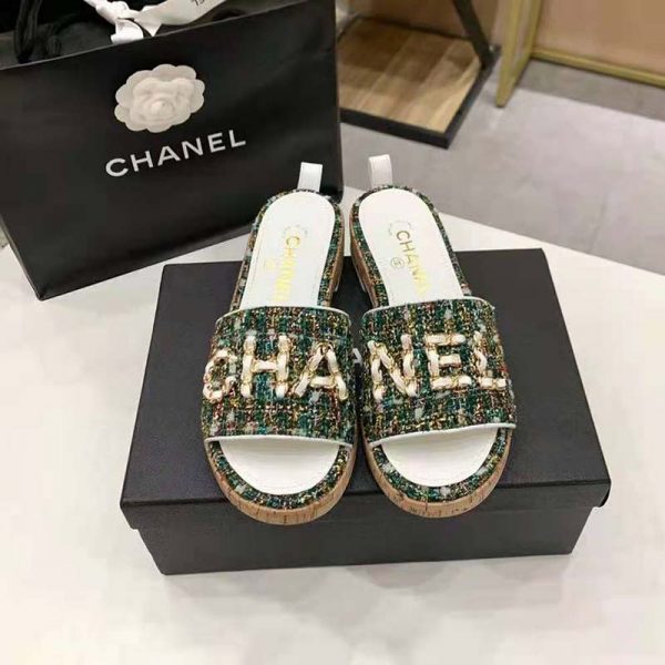 Chanel Women Mules Tweed Green Pink & Yellow 2.5 cm Heel (8)