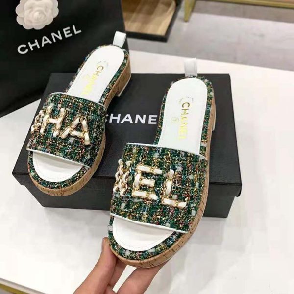 Chanel Women Mules Tweed Green Pink & Yellow 2.5 cm Heel (9)