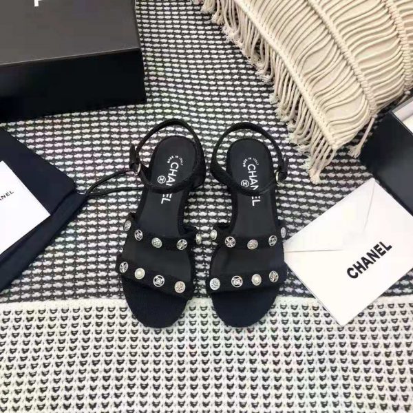 Chanel Women Sandals Cotton Tweed & Jewelry Black 2.5 cm Heel (3)
