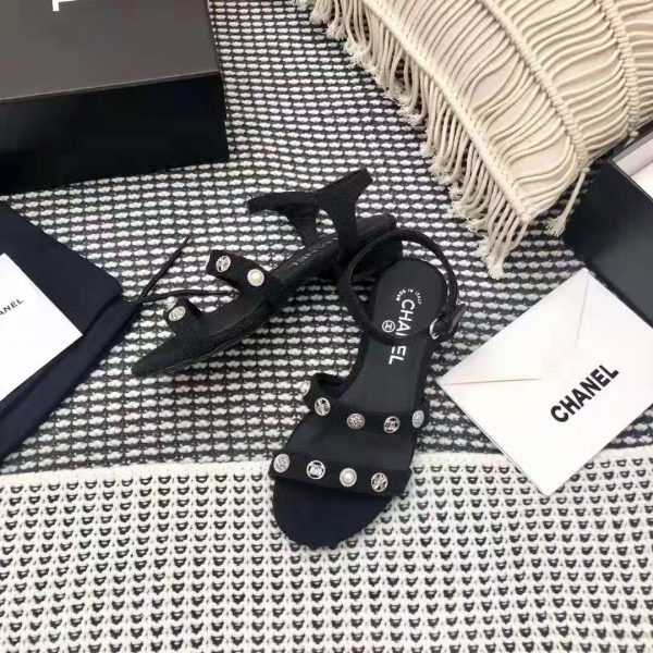 Chanel Women Sandals Cotton Tweed & Jewelry Black 2.5 cm Heel (5)