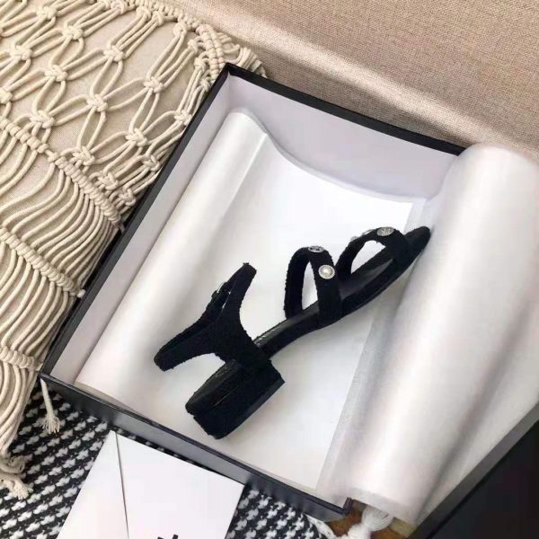 Chanel Women Sandals Cotton Tweed & Jewelry Black 2.5 cm Heel (6)