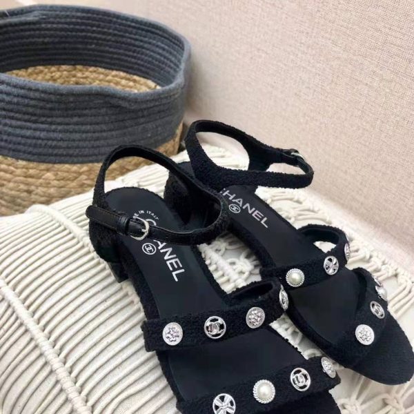 Chanel Women Sandals Cotton Tweed & Jewelry Black 2.5 cm Heel (8)