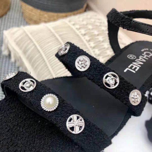 Chanel Women Sandals Cotton Tweed & Jewelry Black 2.5 cm Heel (9)