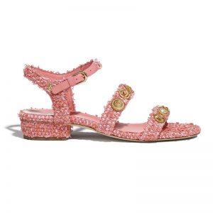 Chanel Women Sandals Cotton Tweed & Jewelry Coral & Pink 2.5 cm Heel