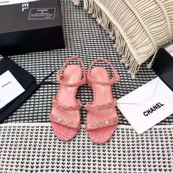 Chanel Women Sandals Cotton Tweed & Jewelry Coral & Pink 2.5 cm Heel (2)