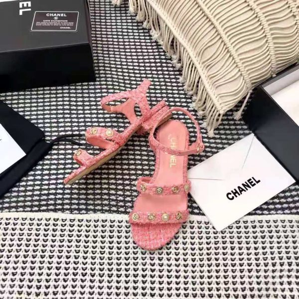 Chanel Women Sandals Cotton Tweed & Jewelry Coral & Pink 2.5 cm Heel (4)