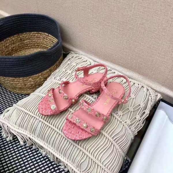 Chanel Women Sandals Cotton Tweed & Jewelry Coral & Pink 2.5 cm Heel (5)