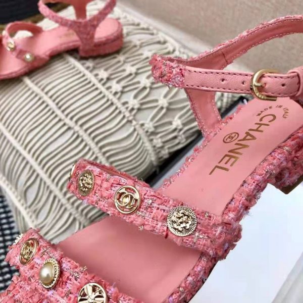 Chanel Women Sandals Cotton Tweed & Jewelry Coral & Pink 2.5 cm Heel (7)