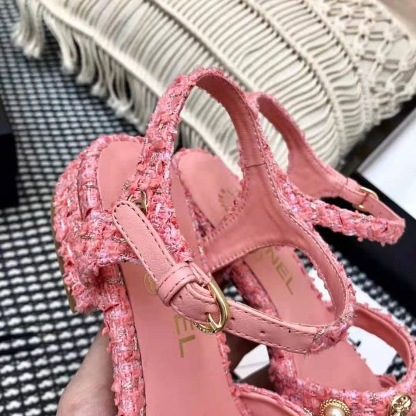 Chanel Women Sandals Cotton Tweed & Jewelry Coral & Pink 2.5 cm Heel (8)