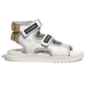 Chanel Women Sandals Goatskin Fabric & TPU White Light Grey & Navy Blue